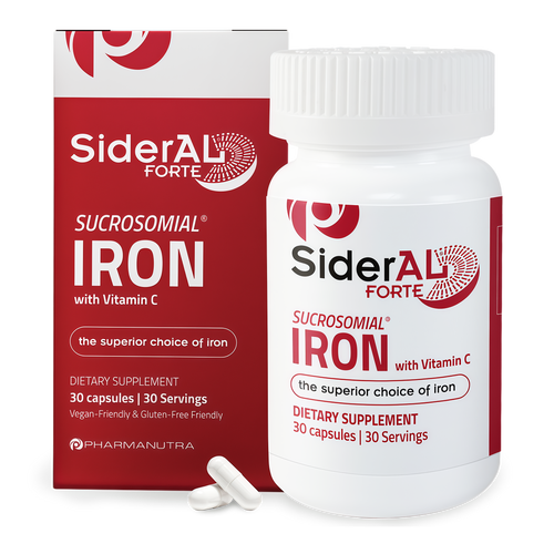 SiderAL Forte Sucrosomial Iron Supplement for Women and Men - Clinically Proven to Increase Levels without Side Effects, Gentle on Stomach, 7x Higher Absorption for Anemia & Energy, Vitamin C, 30ct